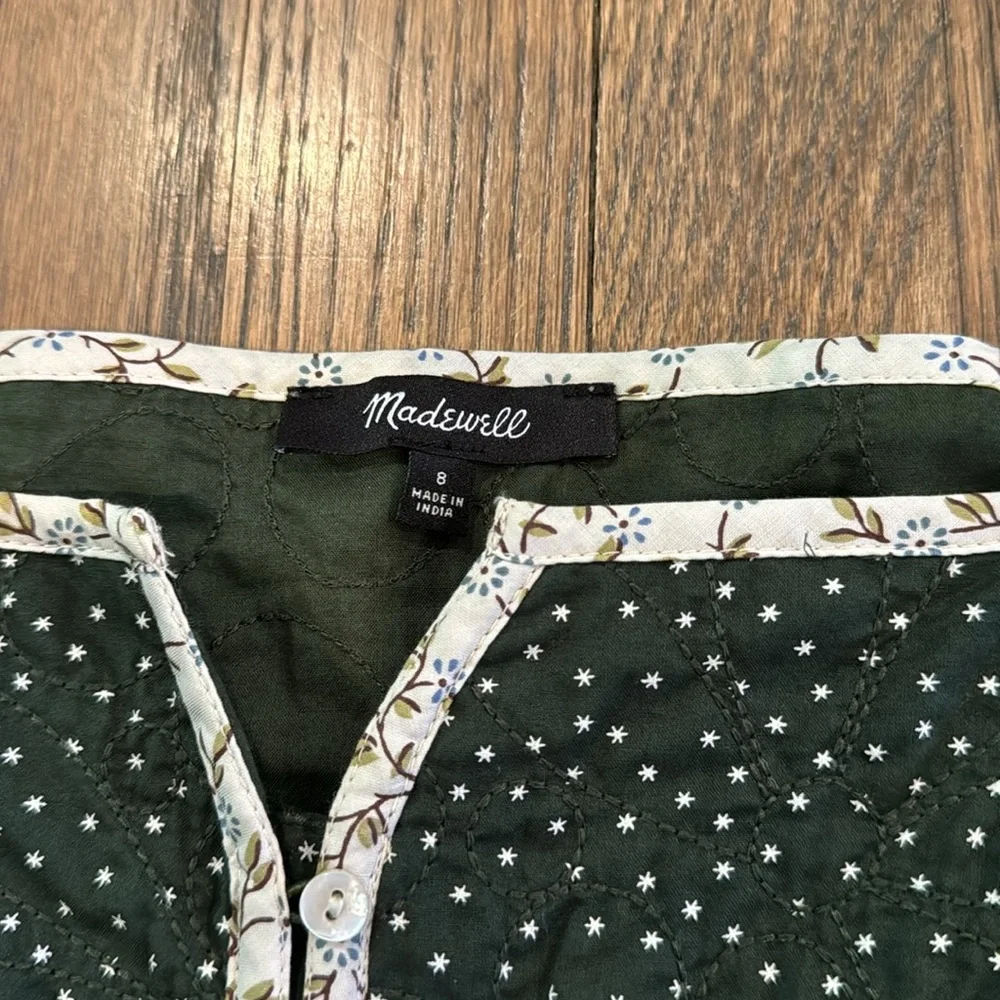 Madewell Dark Green Puff Sleeve Peasant Top with Cream Trim - Picture 4 of 4